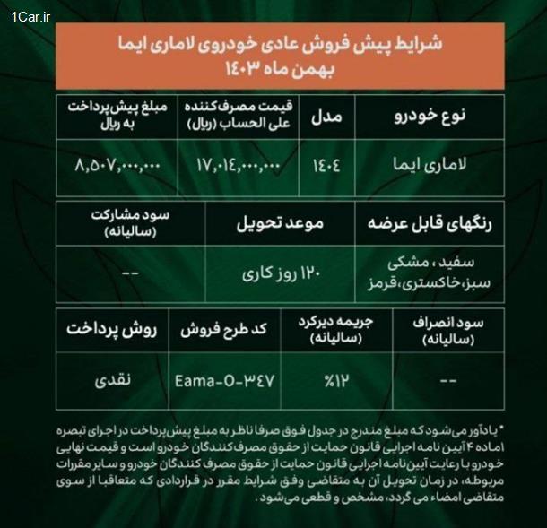 شرایط جدید فروش لاماری ایما (بهمن 1403)